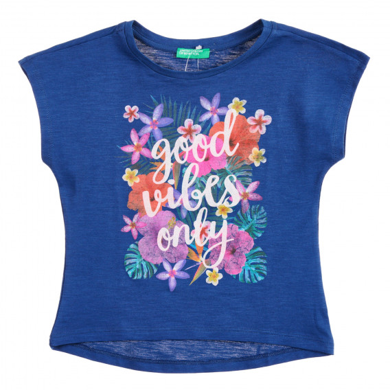 Tricou din bumbac cu imprimeu floral pentru copii, albastru Benetton 224458 