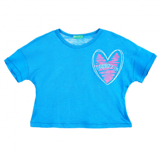 Tricou din bumbac cu inimă și inscripție de marcă, pentru copii, albastru Benetton 224482 