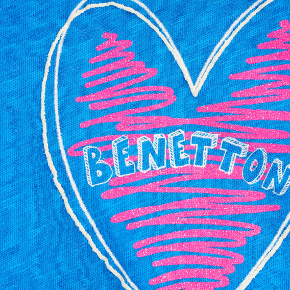 Tricou din bumbac cu inimă și inscripție de marcă, pentru copii, albastru Benetton 224483 2