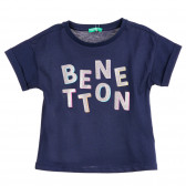 Bluză din bumbac cu mâneci scurte și inscripție din brocart, albastru închis Benetton 224530 