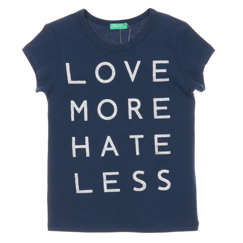 Bluză din bumbac cu mâneci scurte și inscripție Love more hate less, albastru închis  224549