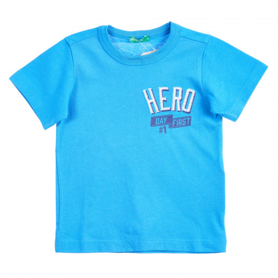 Tricou din bumbac cu inscripție, pentru copii, în albastru Benetton 224613 