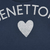 Tricou din bumbac cu inscripție și inimă din brocart, albastru închis Benetton 224649 2