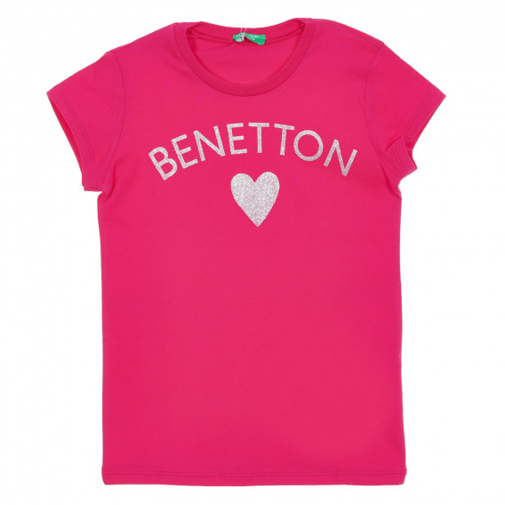 Tricou din bumbac cu inscripție și inimă din brocart, roz închis Benetton 224656 