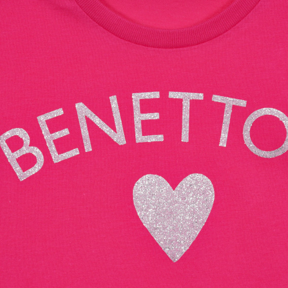 Tricou din bumbac cu inscripție și inimă din brocart, roz închis Benetton 224657 2