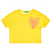 Tricou din bumbac cu inimă și inscripție de marcă, pentru copii, galben Benetton 224735 