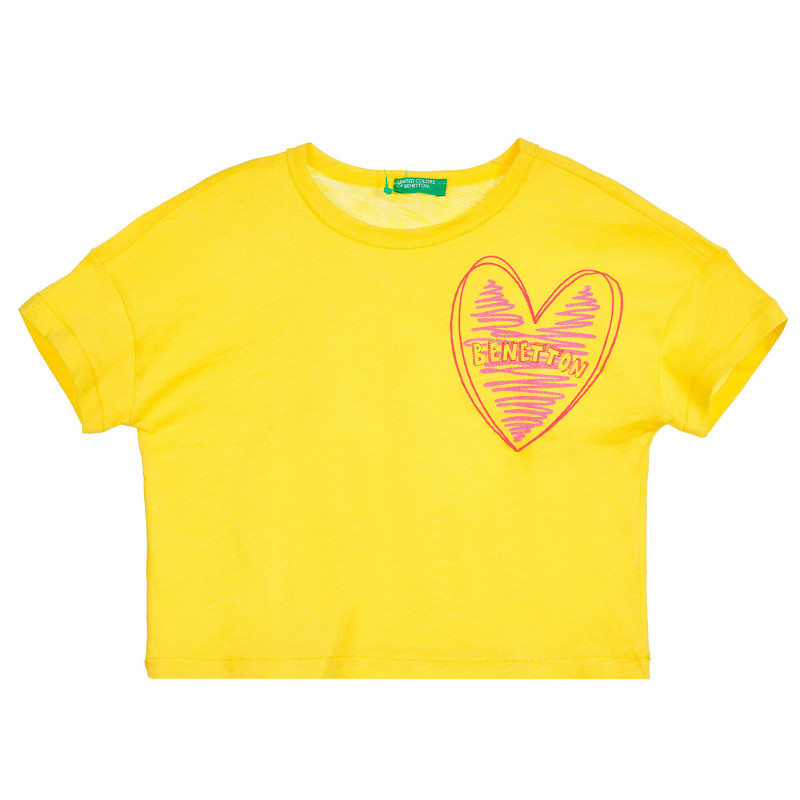 Tricou din bumbac cu inimă și inscripție de marcă, pentru copii, galben  224735