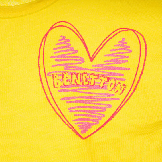 Tricou din bumbac cu inimă și inscripție de marcă, pentru copii, galben Benetton 224736 2