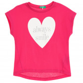 Tricou din bumbac cu inimă și inscripție din brocart, roz Benetton 224827 