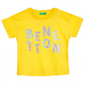 Tricou din bumbac cu inscripție din brocart, galben Benetton 224855 