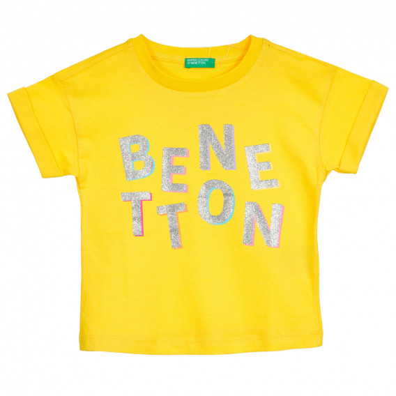 Tricou din bumbac cu inscripție din brocart, galben Benetton 224855 