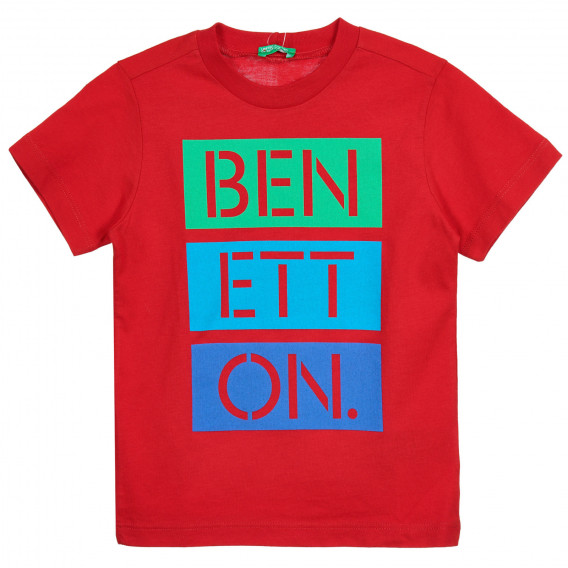 Tricou din bumbac cu inscripție colorată a mărcii, roșu Benetton 224871 