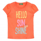 Tricou din bumbac cu inscripția Hello sunshine, portocaliu Benetton 224955 
