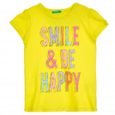 Tricou din bumbac cu inscripție Smile & be happy, galben Benetton 224959 