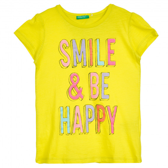 Tricou din bumbac cu inscripție Smile & be happy, galben Benetton 224959 