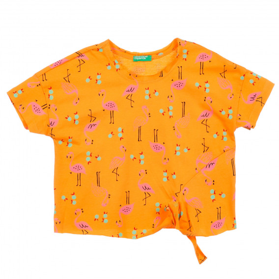Bluză din bumbac cu imprimeu flamingo, pentru copii, portocaliu Benetton 225011 