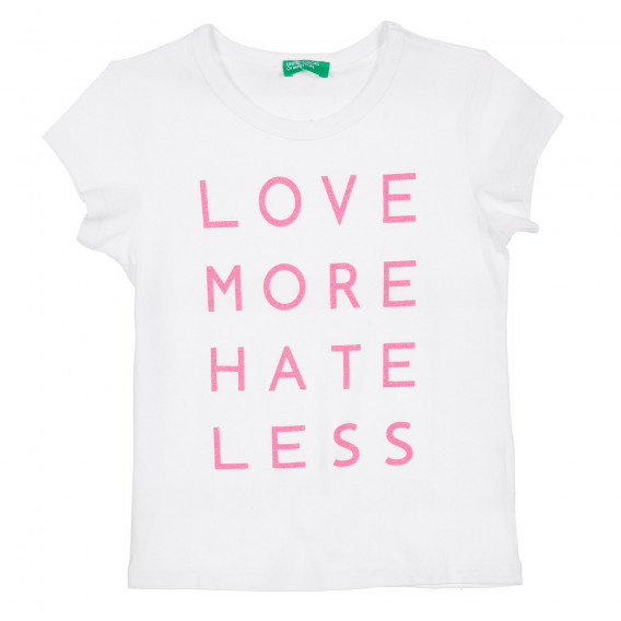 Bluză de bumbac cu mâneci scurte și inscripție Love more hate less, albă Benetton 225103 