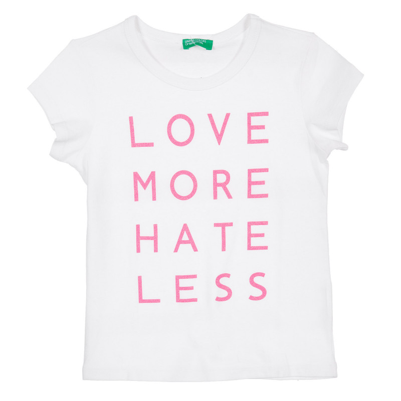 Bluză de bumbac cu mâneci scurte și inscripție Love more hate less, albă  225103