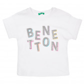 Tricou din bumbac cu inscripție din brocart, alb Benetton 225107 