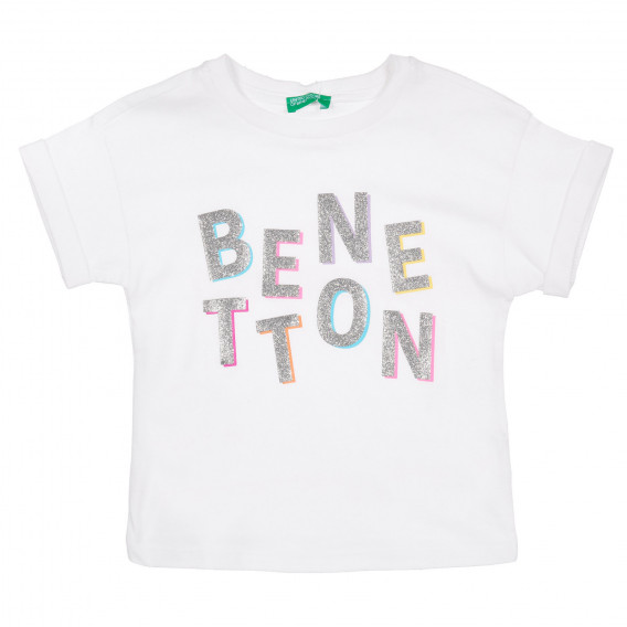 Tricou din bumbac cu inscripție din brocart, alb Benetton 225107 