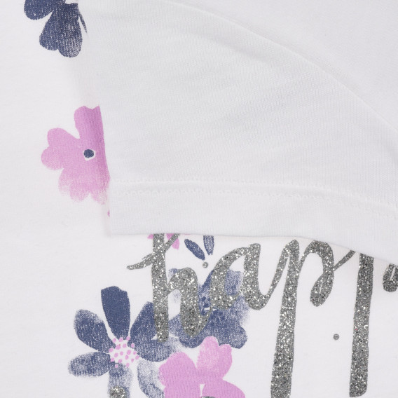 Tricou din bumbac cu inscripție din brocart și imprimeu floral, alb Benetton 225129 4