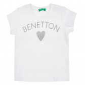 Tricou din bumbac cu inscripție din brocart și inimă, alb Benetton 225154 