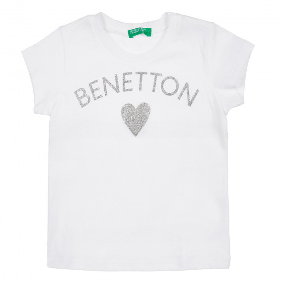 Tricou din bumbac cu inscripție din brocart și inimă, alb Benetton 225154 