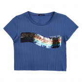 Bluză cu mâneci scurte și aplicație de paiete, albastră Sisley 225207 