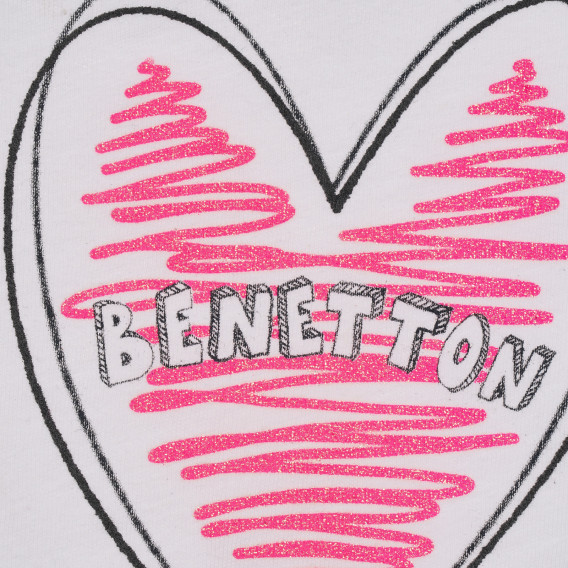 Blat din bumbac cu mâneci scurte și imprimeu inimă, alb Benetton 225214 2
