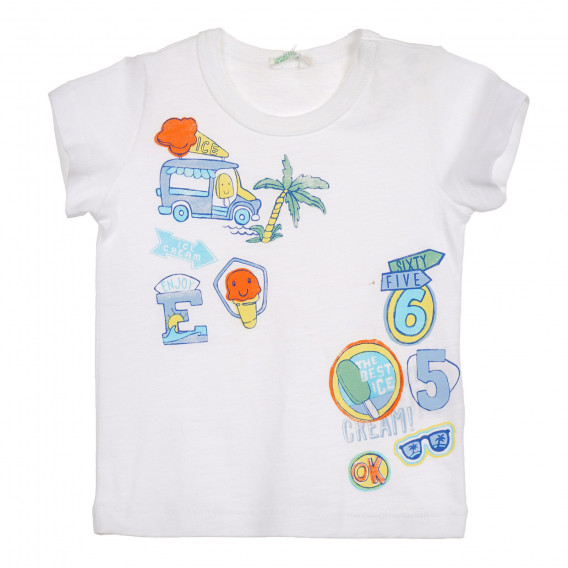 Tricou din bumbac cu imprimeu color pentru bebeluși, alb Benetton 225249 