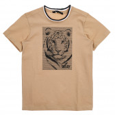 Tricou din bumbac cu aplicație tigru, bej Sisley 225282 