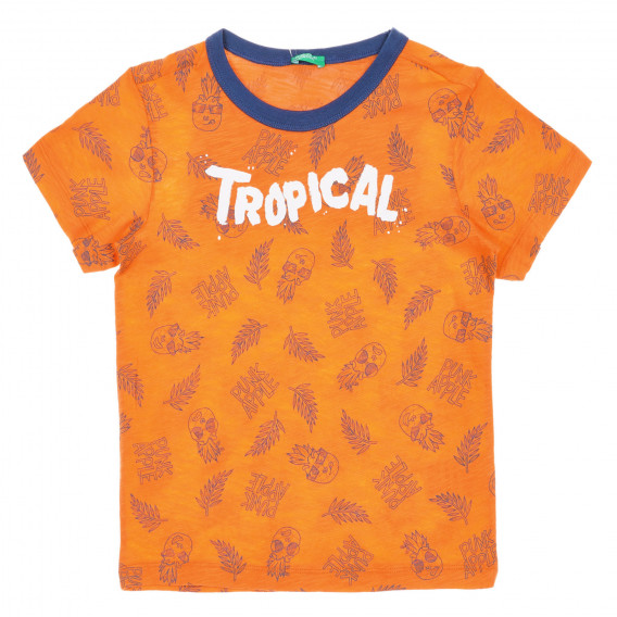 Tricou din bumbac cu imprimeu și inscripția Tropical, portocaliu Benetton 225444 