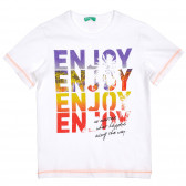 Tricou din bumbac cu inscripția Enjoy, alb Benetton 225528 