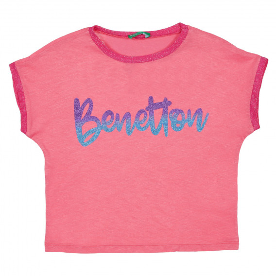 Tricou din bumbac cu inscripție din brocart, de culoare roz Benetton 225556 