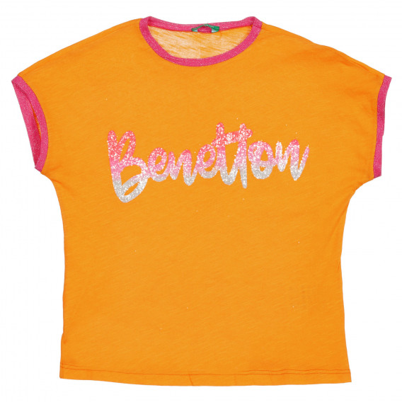 Tricou din bumbac cu accente roz și inscripție din brocart, portocaliu Benetton 225560 
