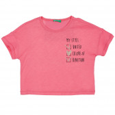 Tricou din bumbac cu inscripție, roz Benetton 225564 