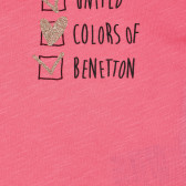 Tricou din bumbac cu inscripție, roz Benetton 225565 2