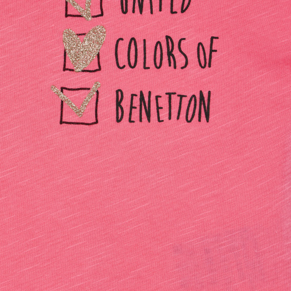 Tricou din bumbac cu inscripție, roz Benetton 225565 2