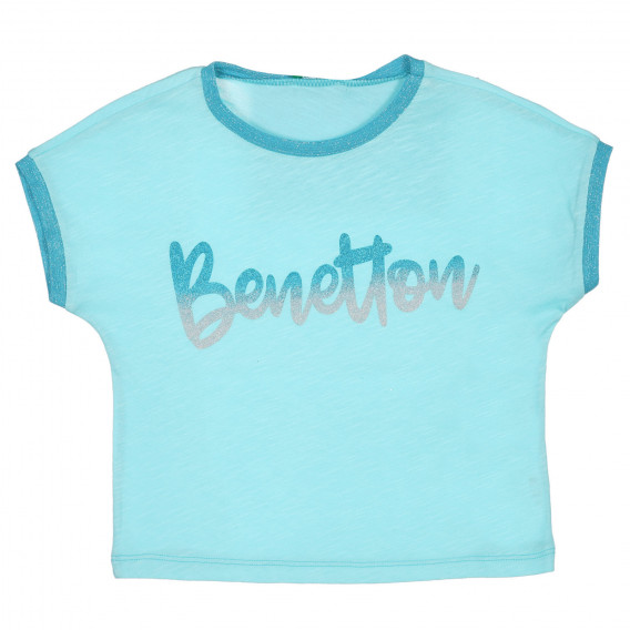 Tricou din bumbac cu inscripție din brocart, de culoare albastru deschis Benetton 225568 