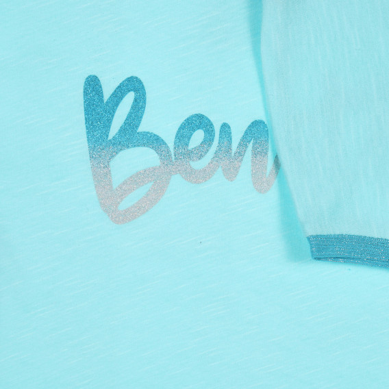 Tricou din bumbac cu inscripție din brocart, de culoare albastru deschis Benetton 225570 3