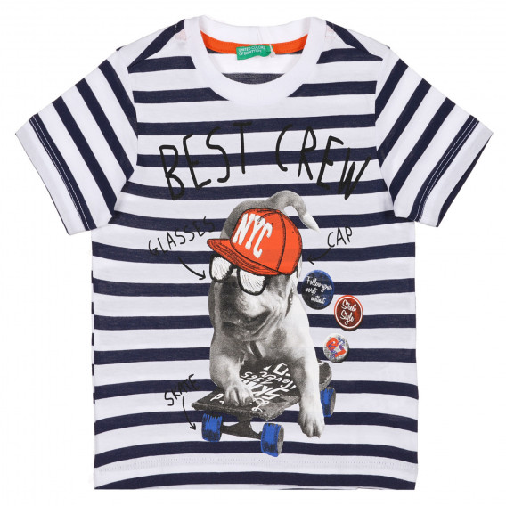 Tricou cu imprimeu grafic în dungi albe și albastre pentru un bebeluș Benetton 225596 