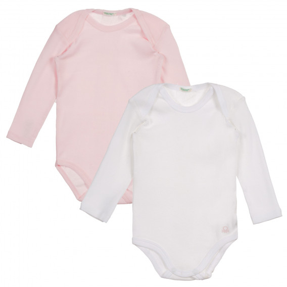 Set de două body-uri cu mânecă lungă din bumbac pentru bebeluși, alb și roz Benetton 226867 