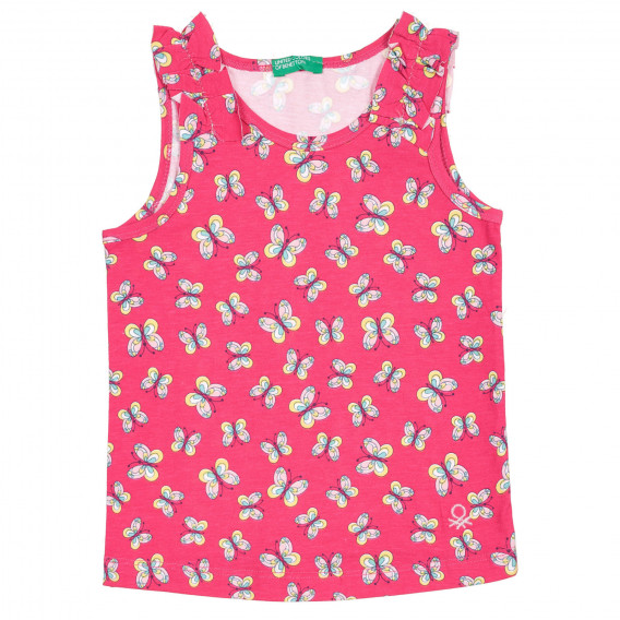 Tricou de bumbac cu imprimeu și volane pe mâneci pentru bebeluși, roz Benetton 227109 