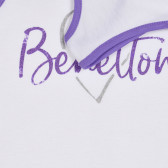 Bluză din bumbac cu detalii violet și inscripția mărcii, albă Benetton 227190 3