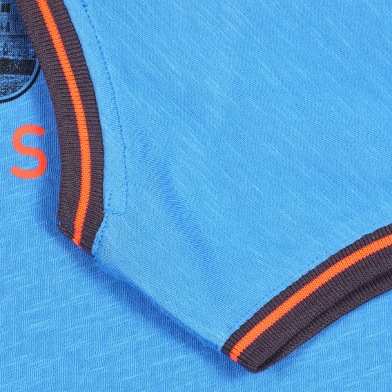 Tricou de bumbac cu detalii portocalii și inscripție, albastru Benetton 227246 3