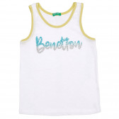 Tricou de bumbac cu inscripție marcă brocart, alb Benetton 227256 