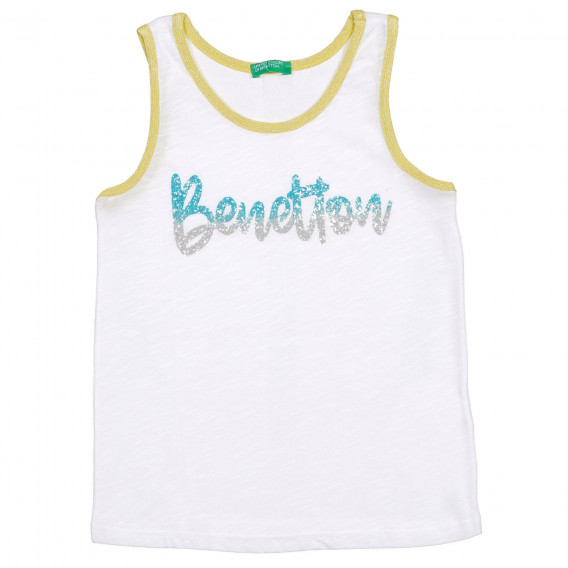 Tricou de bumbac cu inscripție marcă brocart, alb Benetton 227256 