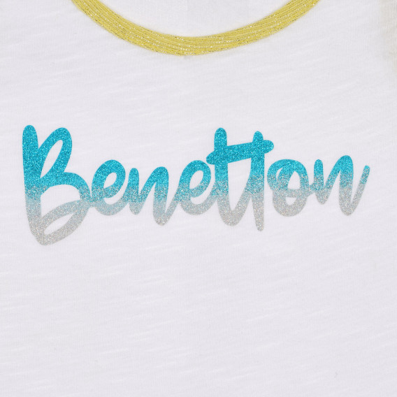 Bluză din bumbac cu detalii galbene și inscripția mărcii, albă Benetton 227261 2