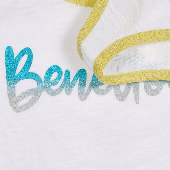 Bluză din bumbac cu detalii galbene și inscripția mărcii, albă Benetton 227262 3
