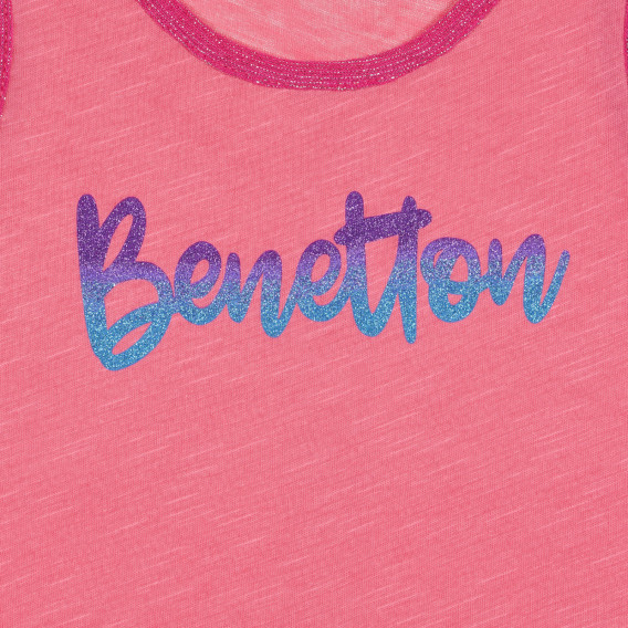 Tricou de bumbac cu detalii roz și inscripția mărcii, roz Benetton 227265 2